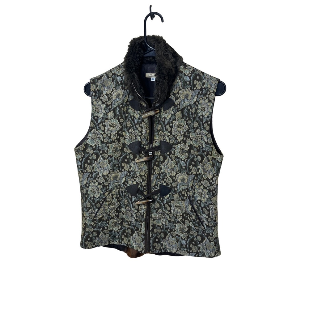 Vintage Baxis & Baxis Floral Tapestry Vest Faux Fur Collar Toggle Closure‎ Small